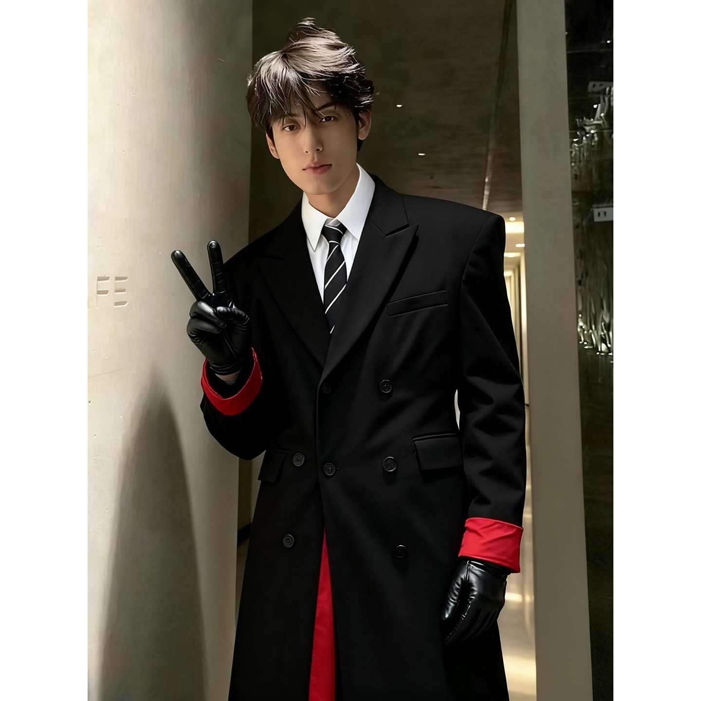 黑色红内垫肩毛呢大衣男款秋冬季