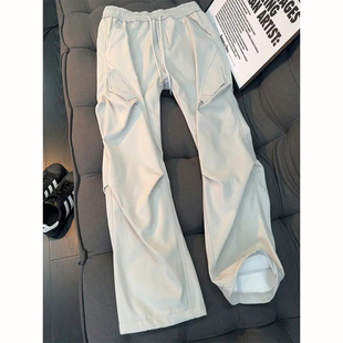 浅灰色褶皱伞兵工装裤男款秋冬季直筒弯刀裤子加绒加厚软壳冲锋裤