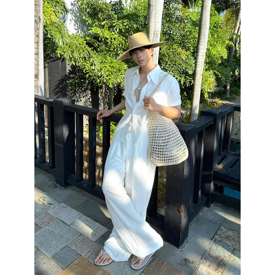 美式慵懒老钱风亚麻套装男夏季