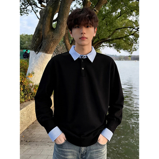 假两件Polo领正肩卫衣男款冬季加绒美式内搭打底衫学院风长袖T恤