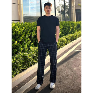 何以至此格子裤子显腿长微喇直筒裤男夏季薄款美式复古防晒弯刀裤