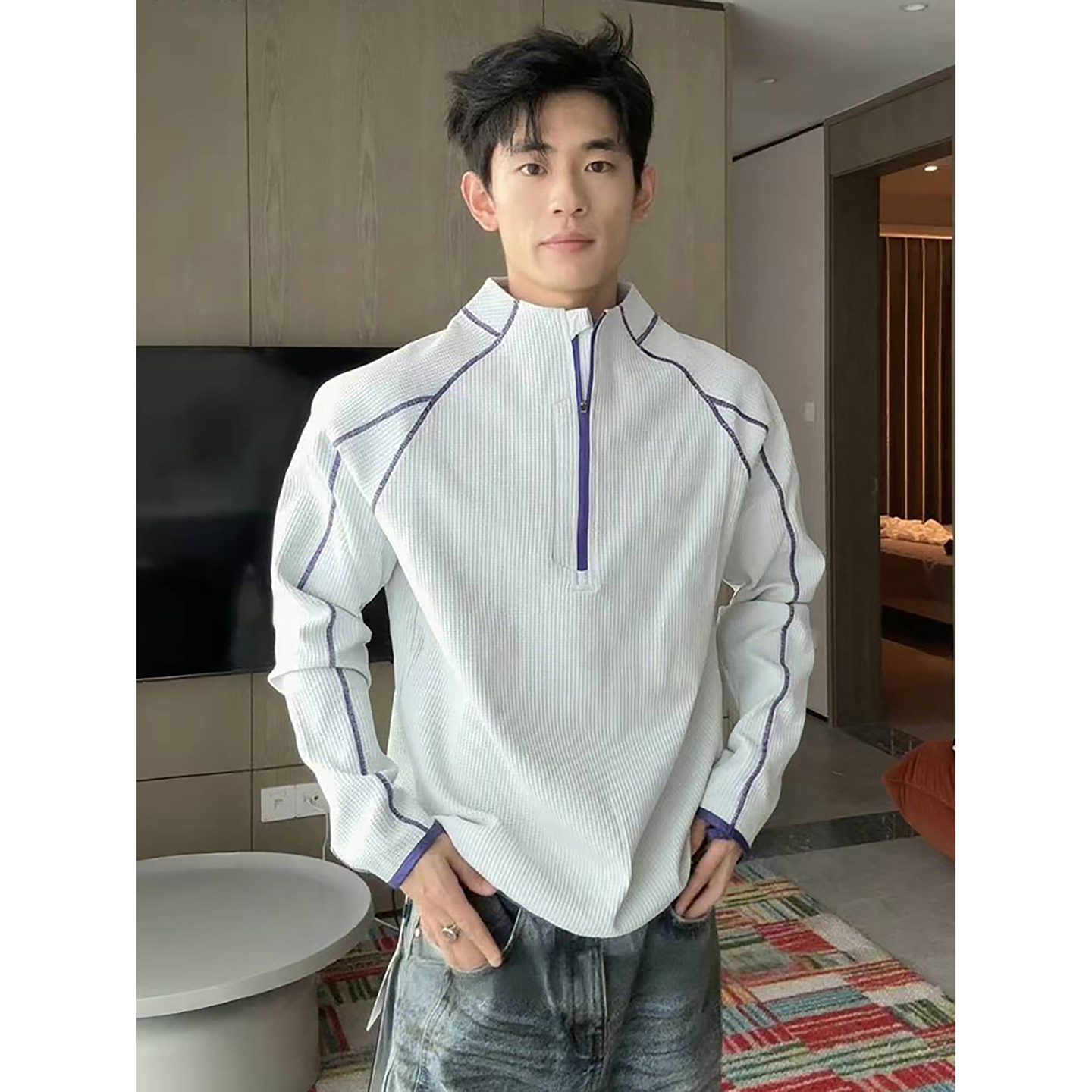 明线半拉链立领卫衣男秋季美式