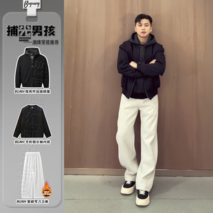 假两件连帽座山雕棉服男生一整套冬装加绒加厚毛绒绒内里夹克外套