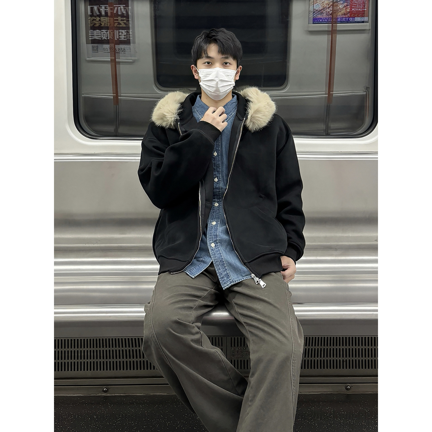 美式印花半高领德绒打底衫男秋冬