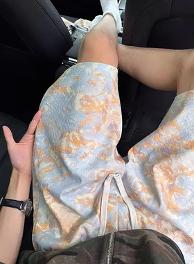 黄色提花满印扎染短裤男夏季美式高级感五分裤复古痞帅宽松运动裤