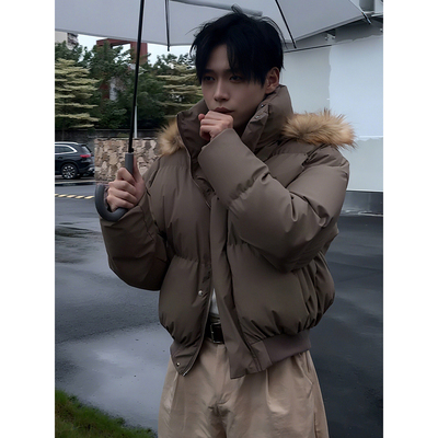 美式复古毛领连帽羽绒棉服男冬季