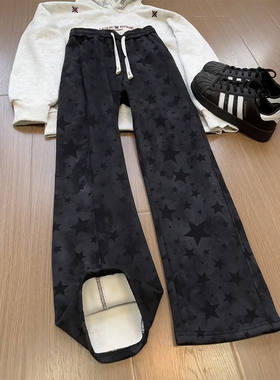 黑色美式星星弯刀卫裤男春季垂感休闲运动裤潮流撞色直筒微喇裤子