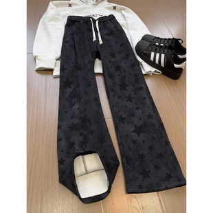 黑色美式星星弯刀卫裤男春季垂感休闲运动裤潮流撞色直筒微喇裤子