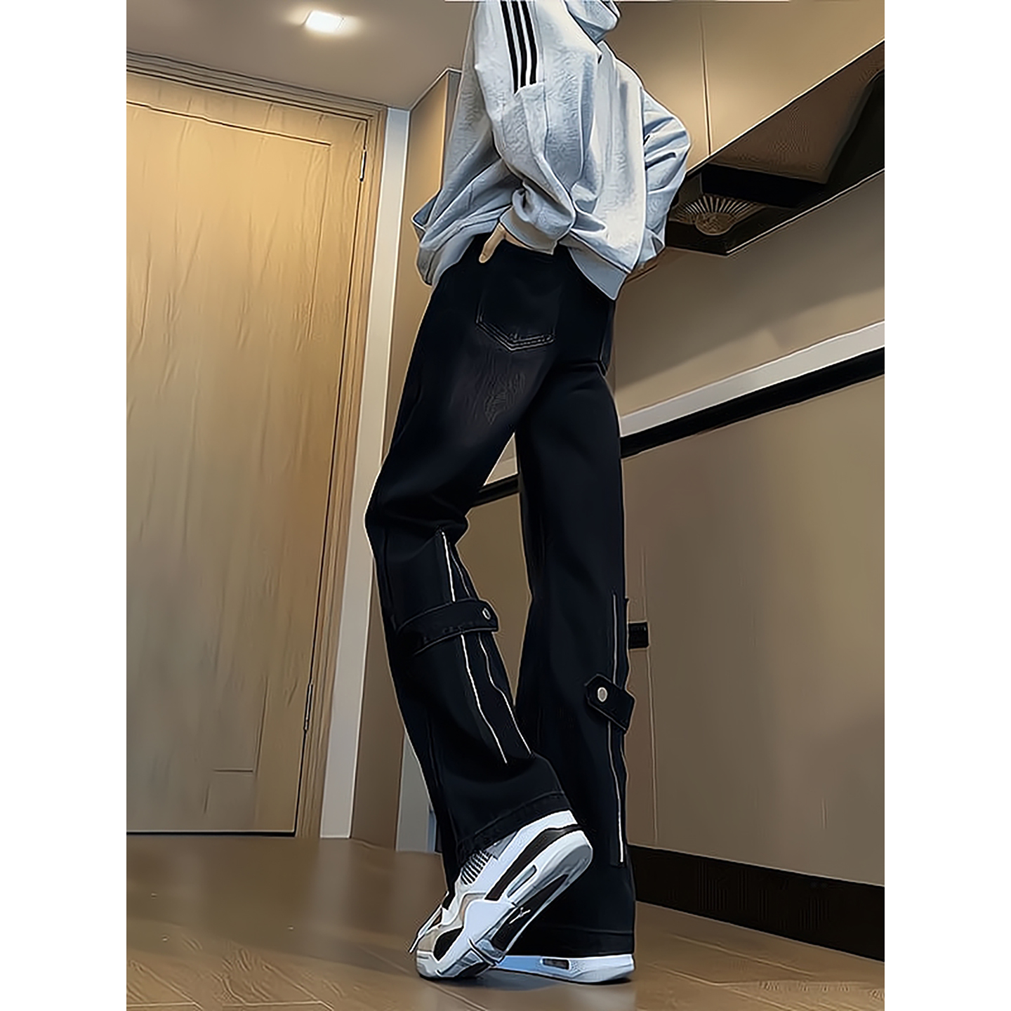 黑色微喇牛仔裤男秋季美式高街裤