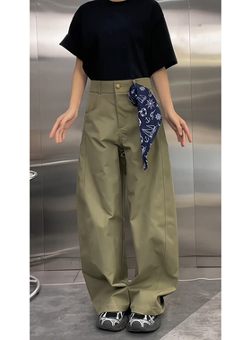 美式复古弹力解构弯刀裤男军绿色潮流炸街痞帅裤子直筒阔腿休闲裤