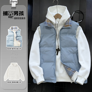 蓝色格纹拼接羽绒棉马甲男秋冬外穿叠穿重磅boxy短款 卫衣保暖坎肩