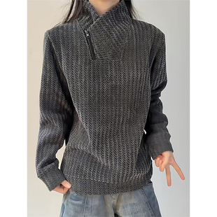 深灰色鱼骨纹加绒卫衣男秋冬斜领拉链立领长袖t恤高级感内搭上衣