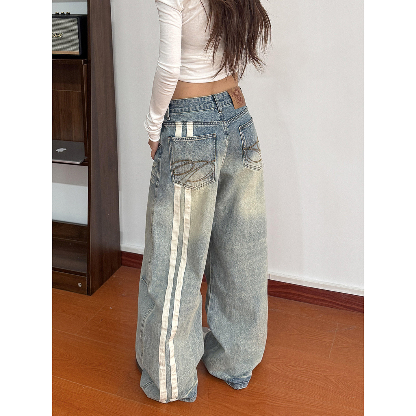 复古蓝色织带拼接牛仔裤男女春季三条杠阔腿裤高腰宽松vibe直筒裤,男装,牛仔裤,淘宝优惠券,粉丝福利购,淘宝优惠卷