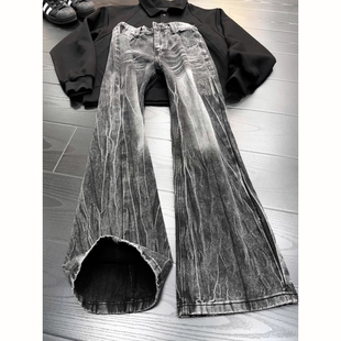 子高街宽松直筒长裤 遮肉显瘦裤 男秋冬季 水洗黑色闪电纹微喇牛仔裤