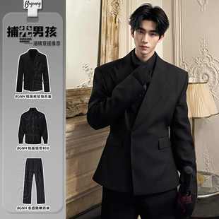 黑色韩版那不勒斯dk西装套装男高级感廓形垫肩礼服枪驳领休闲西服