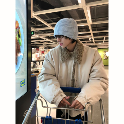 美式复古风翻领羊羔绒外套男款