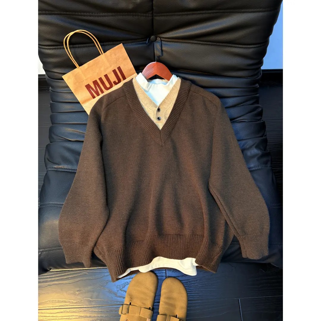 老钱风假两件v领毛衣男冬季