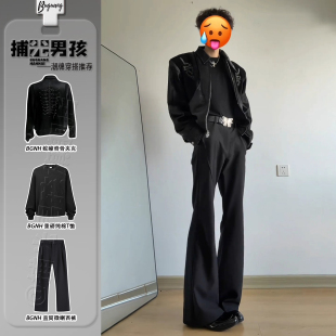 裤 西装 男垂坠感高级感裤 子高个子加长版 黑色韩版 微喇弯刀西裤 修身