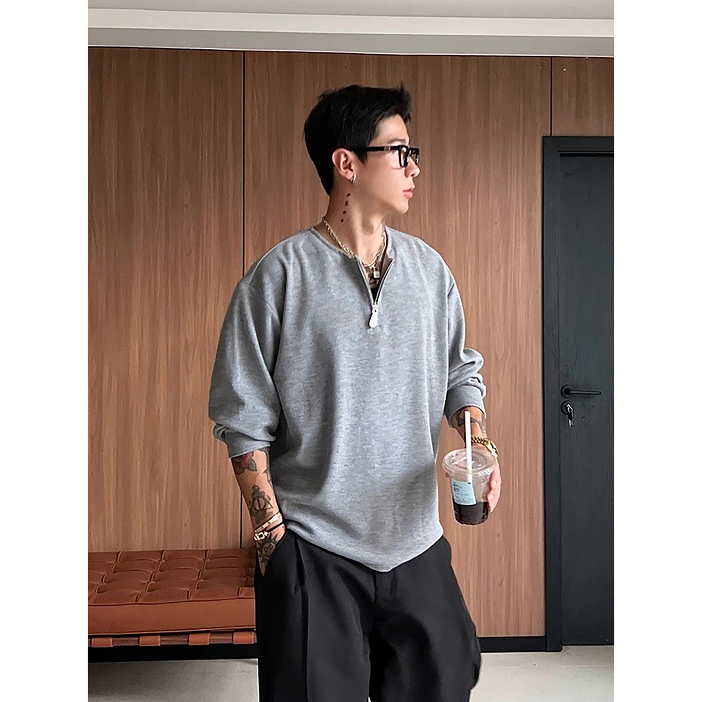 老钱风浅灰色半拉链卫衣秋季英伦