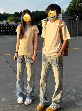 cra蓝色闪电纹牛仔裤男美式高街直筒微喇裤cleanfit窄版显瘦裤子