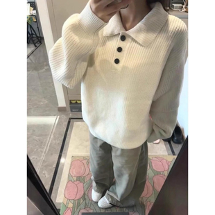 白色亨利领polo衫毛衣男秋冬韩系慵懒风针织衫高级感情侣内搭线衣