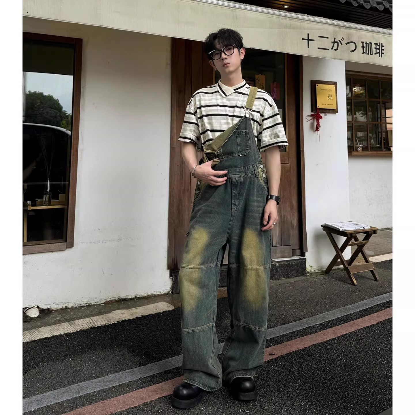 美式复古蓝牛仔背带裤男款水洗