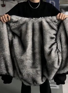 黑色狼王座山雕棉服男款冬季美式仿貂毛毛领外套加厚保暖连帽棉衣