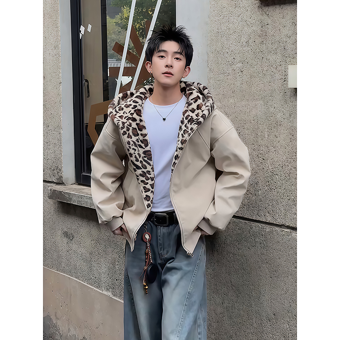 豹纹双面穿座山雕棉服男冬季加绒