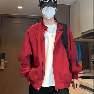紅色立領哈靈頓夾克男款 美式 機能三防沖鋒衣高級感工裝 棒球服 秋季