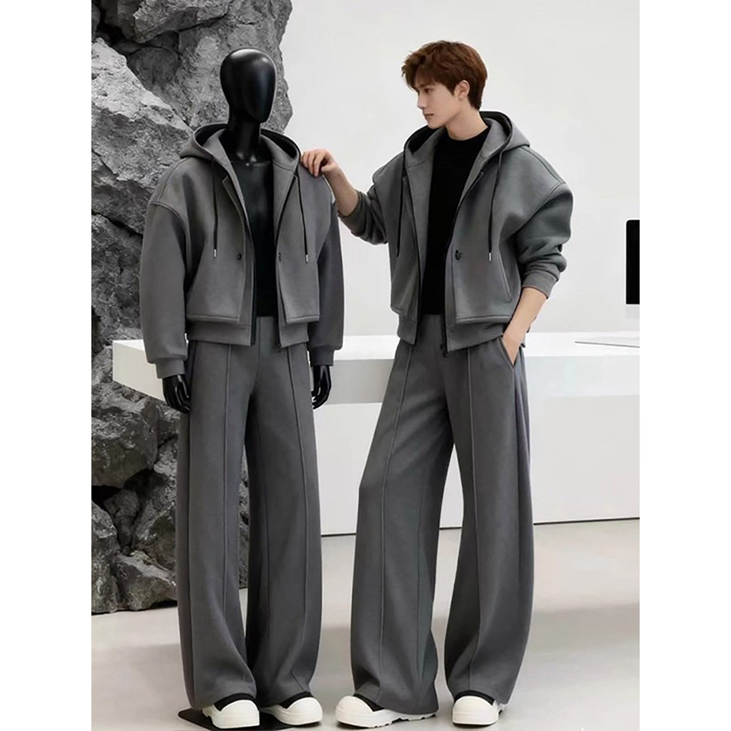 高级感男生酷帅穿搭套装秋冬季加厚假两件连帽卫衣卫裤休闲一整套,男装,时尚套装,淘宝优惠券,粉丝福利购,淘宝优惠卷