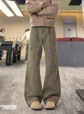 军绿色斜切加绒牛仔裤男春季美式高街直筒工装裤高级感弯刀微喇裤