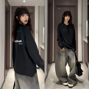 撞色明线字母速干长袖 运动风羽毛球服 t恤男女早秋户外骑行服美式