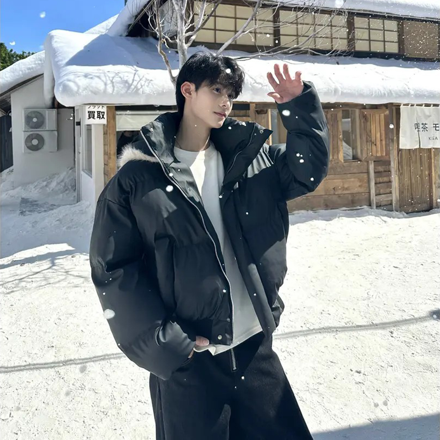 美式连帽pu皮防寒羽绒服男款冬季