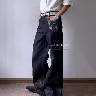 美式复古a字原牛烧花裤子男款夏季提花拼接牛仔裤直筒阔腿微喇裤