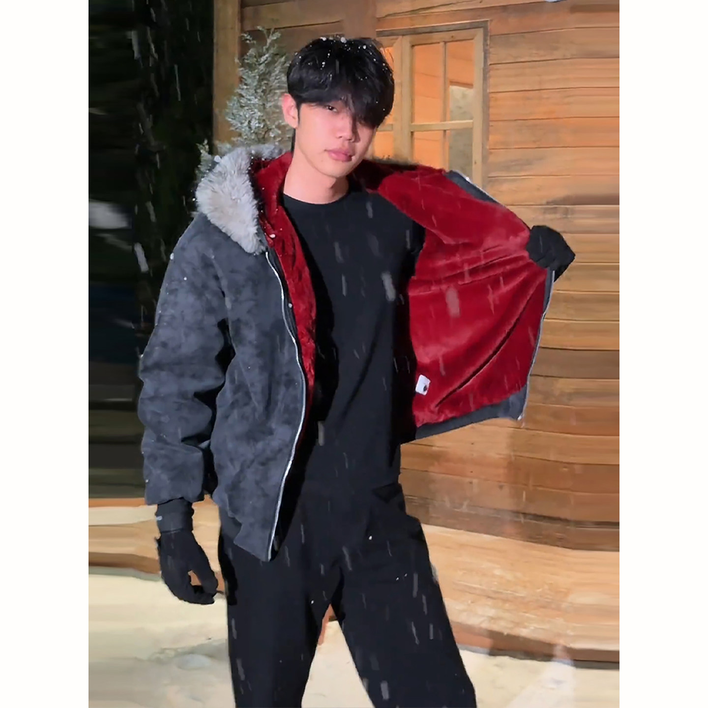 座山雕红内连帽棉衣外套男款冬季大毛领扎染pu皮棉衣开衫加绒夹克