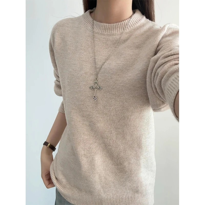 米杏色圆领套头毛衣男女秋冬