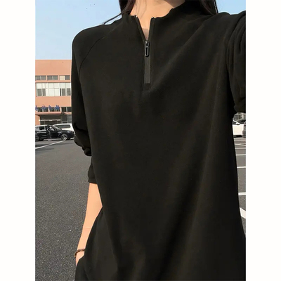 黑色半拉链德绒长袖t恤男款秋冬