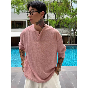 亨利领雪花棉长袖t恤男款夏季老钱风人夫感polo衫慵懒松弛感上衣