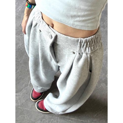 浅灰色美式重磅加绒卫裤男秋冬