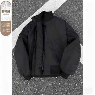 黑色美式bomber飞行棉服男冬季短款白鸭绒棒球服加厚立领羽绒夹克
