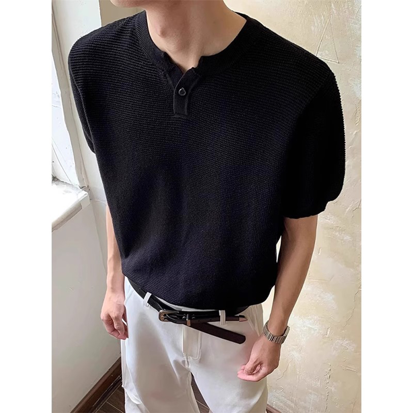 老钱风亨利领单扣polo衫短袖男款