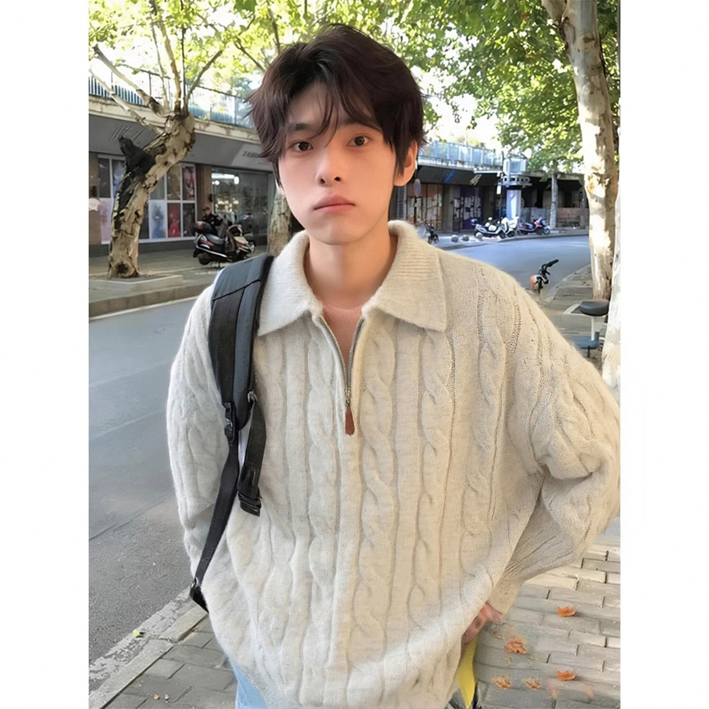 杏色麻花纹翻领毛衣男款冬季美式半拉链针织衫加厚保暖内搭打底衫