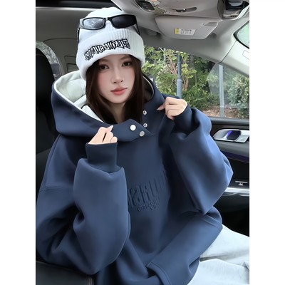 藏青色立体压花连帽卫衣男女秋冬