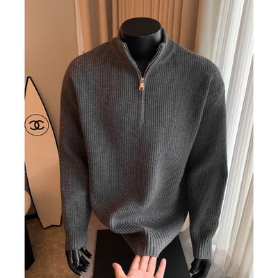 灰色半拉链高领毛衣男高级感加厚