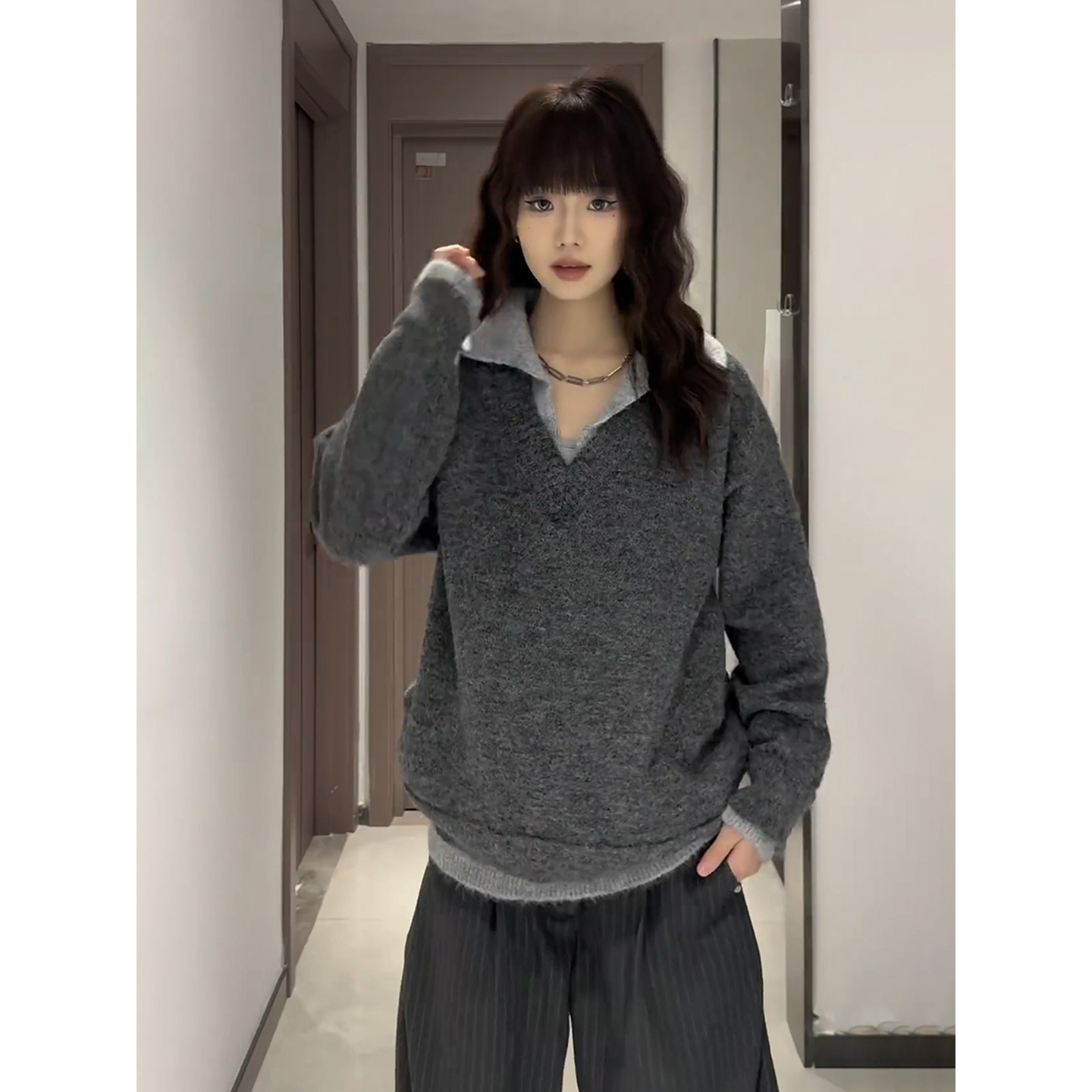 老钱风假两件polo衫毛衣男生冬装