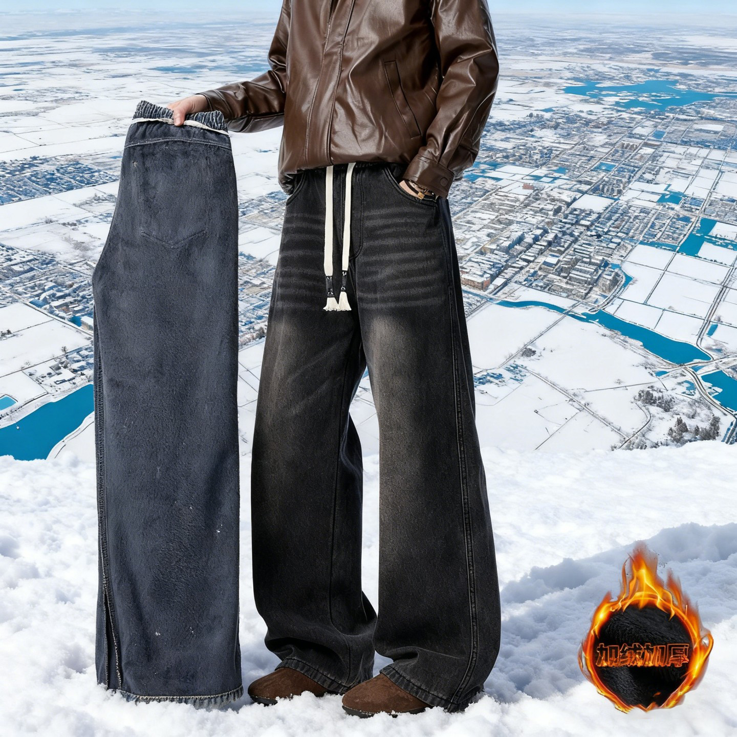 冬季加绒抽绳牛仔裤男款美式复古