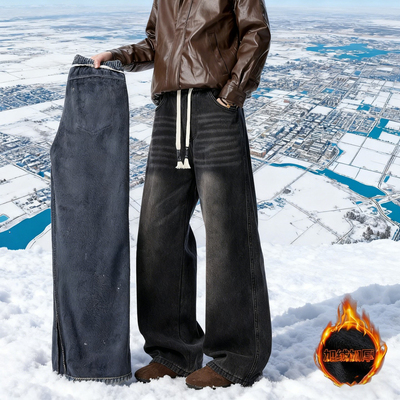 冬季加绒抽绳牛仔裤男款美式复古