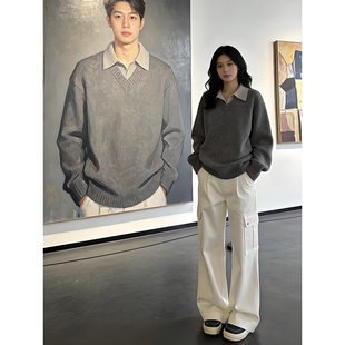 灰色假两件拼接翻领毛衣男春秋高级感慵懒风重磅人夫感内搭针织衫