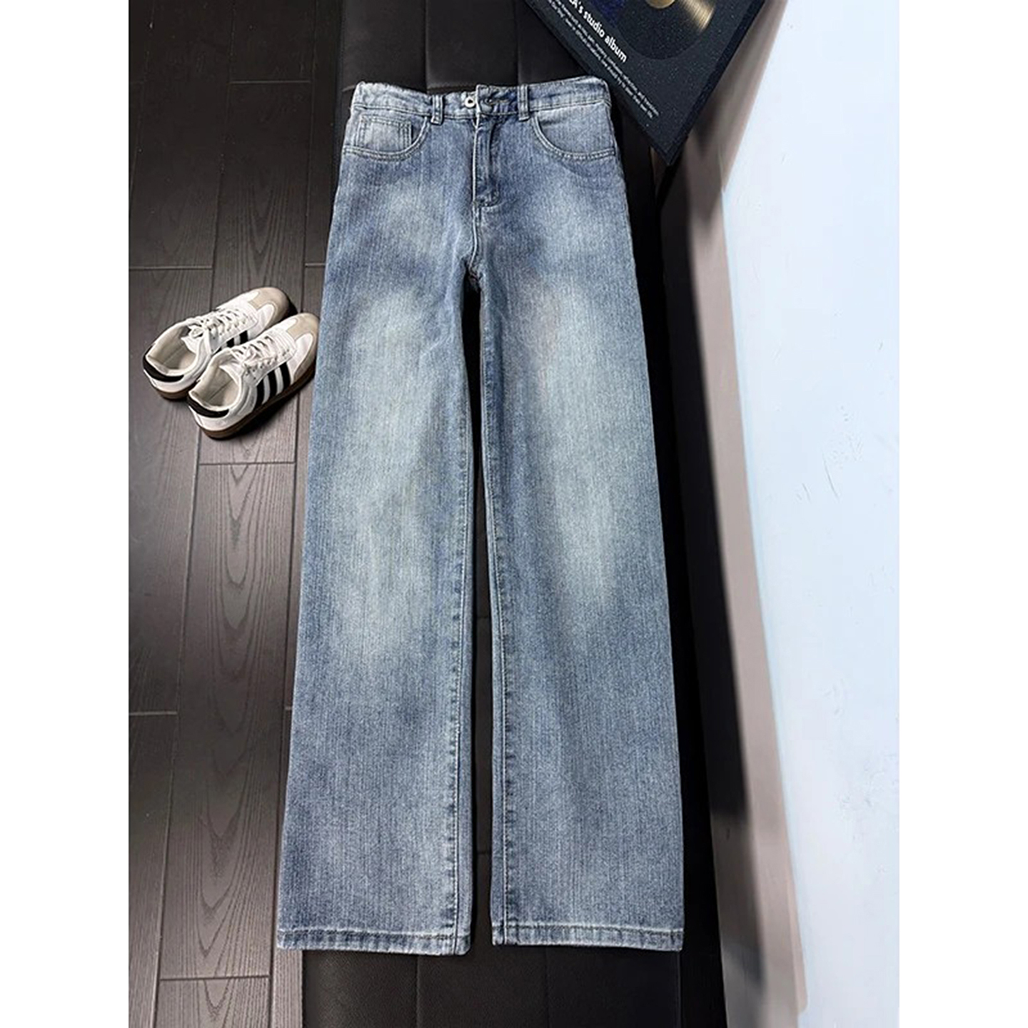 蓝色竹节纹微喇牛仔裤男冬季