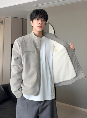 灰色哈灵顿皮夹克棉服男士高级感外套冬装加绒保暖立领棉衣机车服